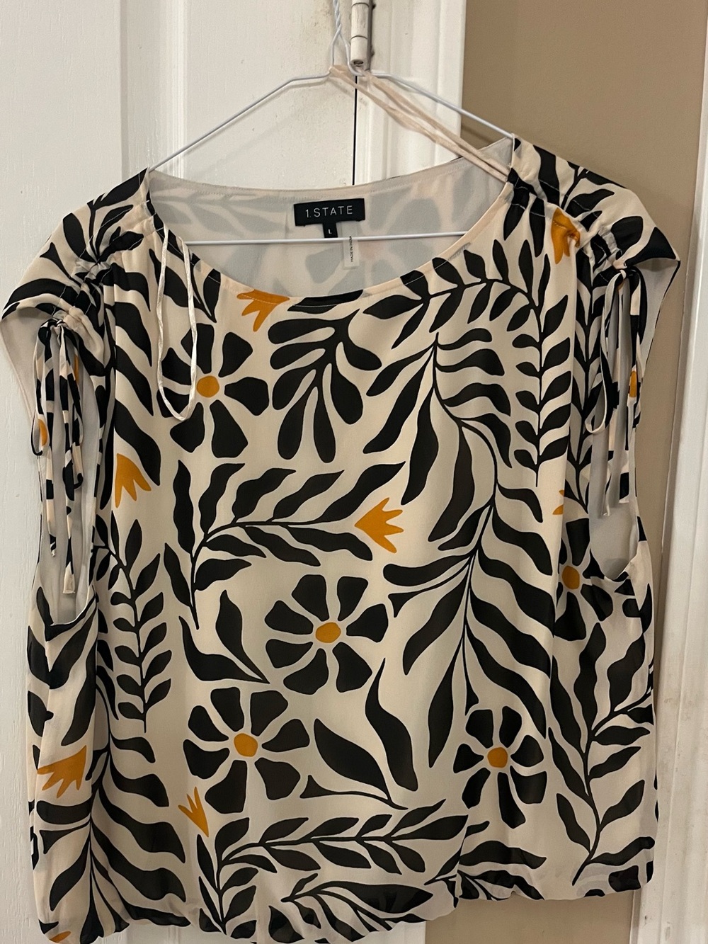 STATE Cream Floral Sleeveless Blouse with Black and Mustard Print